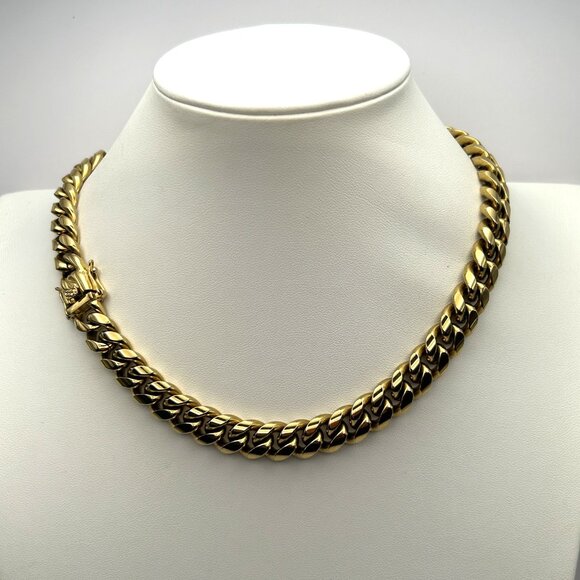 Past Midnight Heavy Gold Tone Cuban Link Necklace 18” Statement Jewelry 131g - Picture 6 of 14